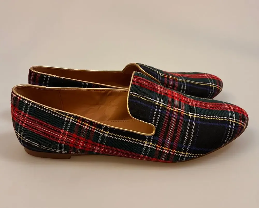 J.Crew Tartan Plaid Venetian Loafers Gold Metallic Piping Flats Women 7.5